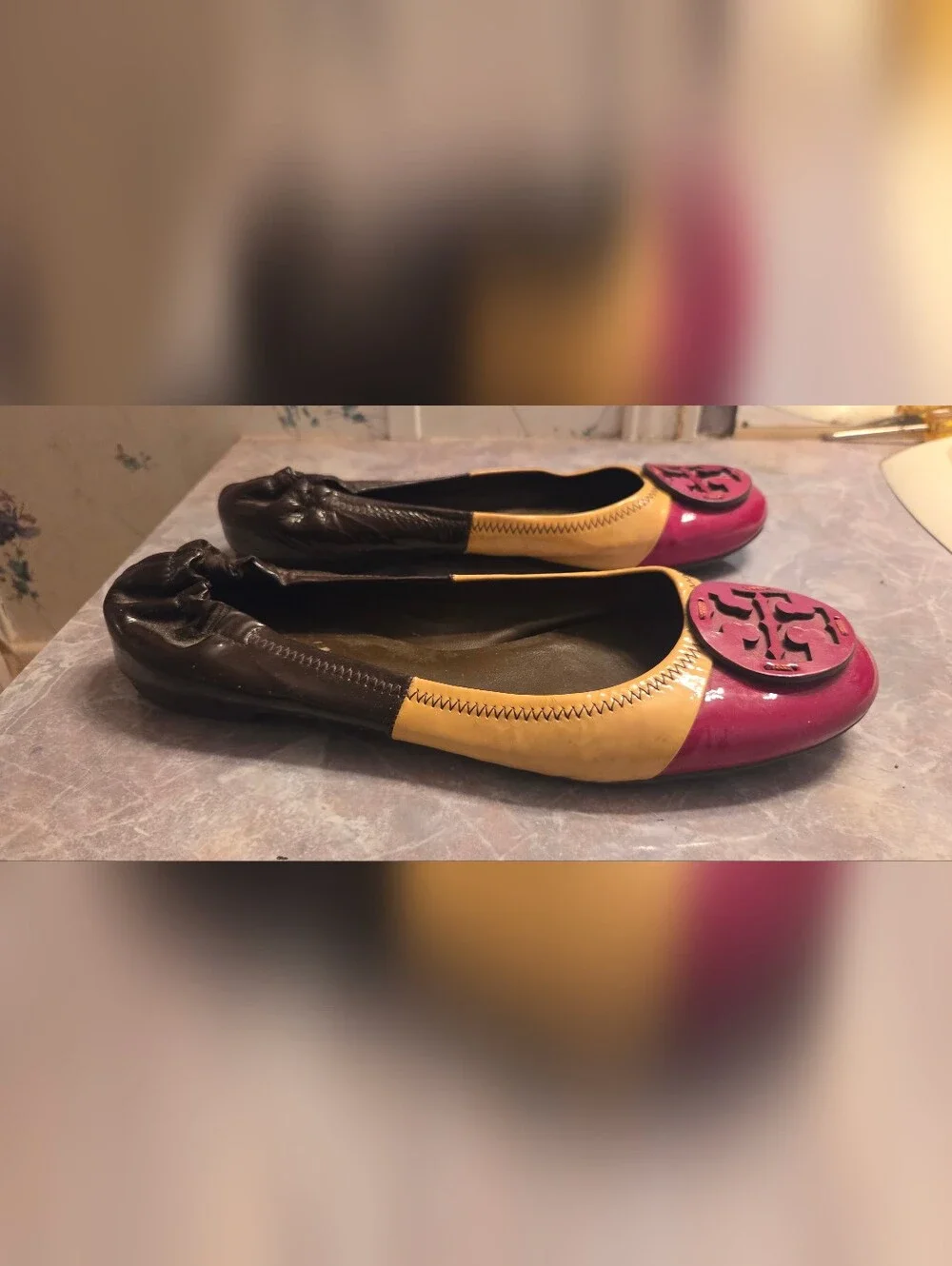 Tory Burch Red, Yellow And Brown Patent Leather Ballet Flats